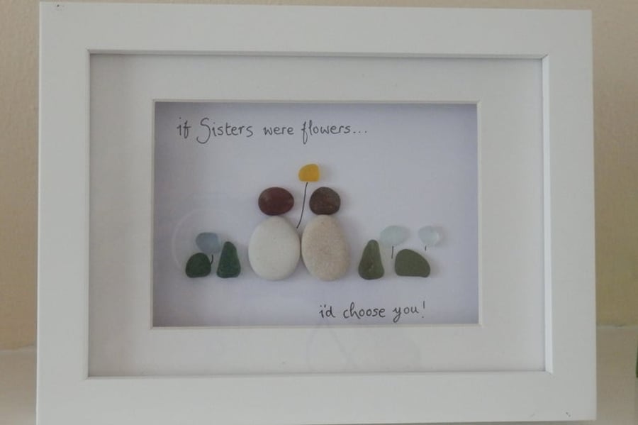 Personalised Pebble Art for Sisters, Unique Gift Sea Glass Sisters Framed