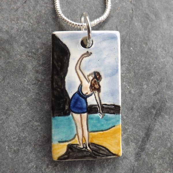 Handmade Ceramic Rock Goddess pendant in blue and turquoise