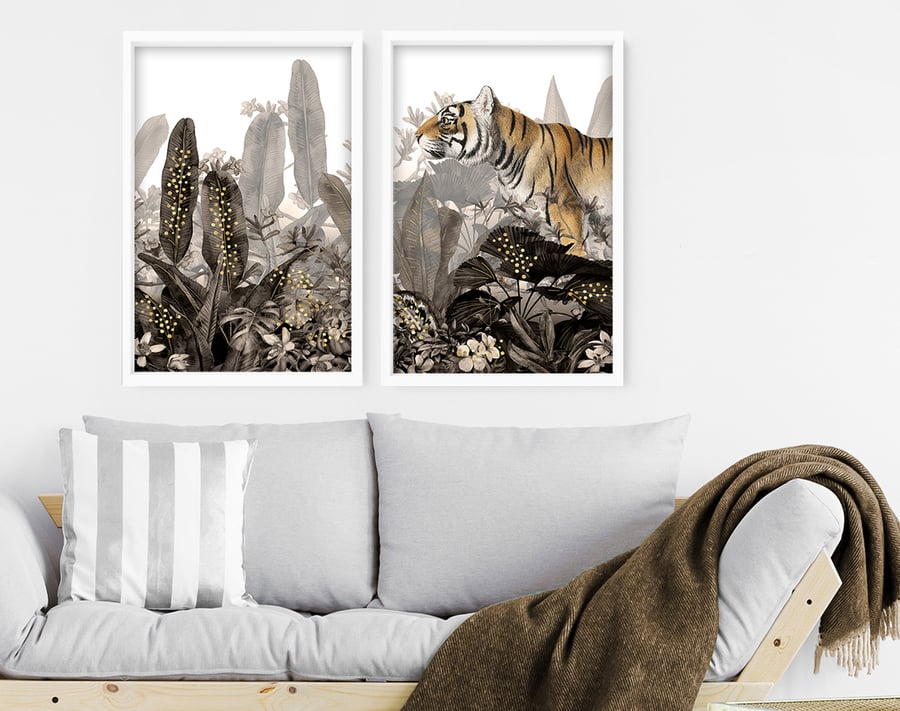 Jungle Animals Set of 2 art Print, Tropical Gold Home Decor wall hanging,