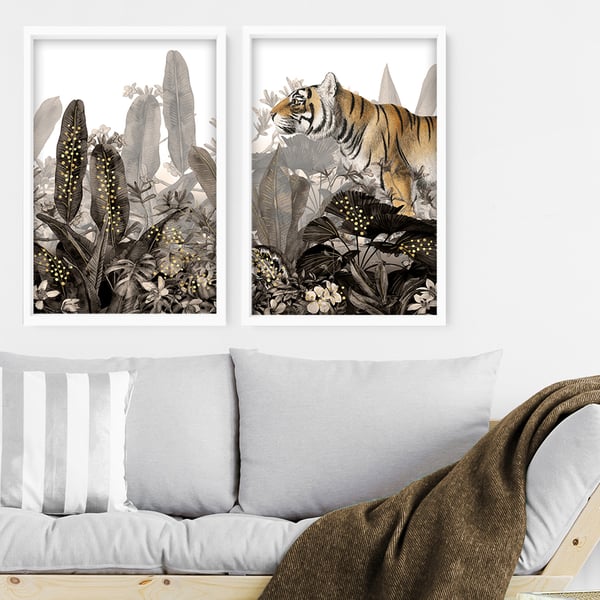 Jungle Animals Set of 2 art Print, Tropical Gold Home Decor wall hanging,