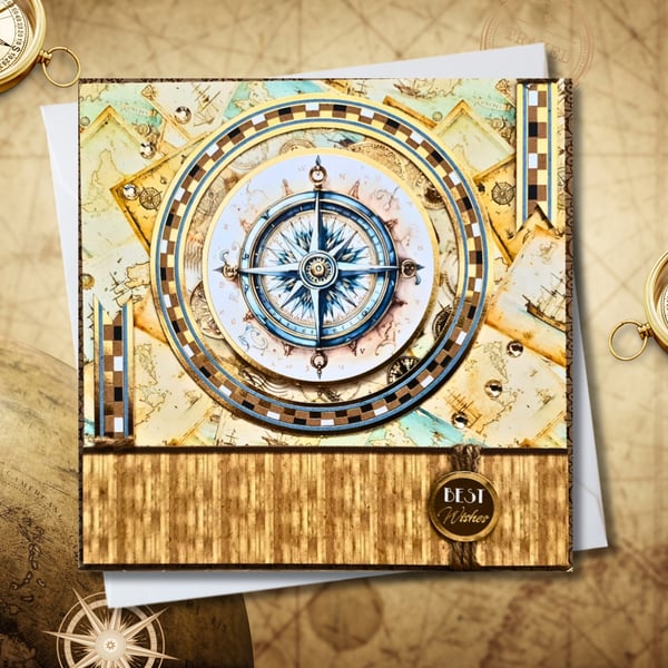 Nautical themed keepsake card for various occasions with a compass "Best Wishes"