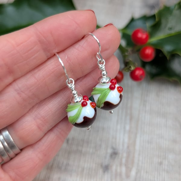 Sterling Silver Christmas Pudding Lampwork Glass Bead Earrings - JBJ1071