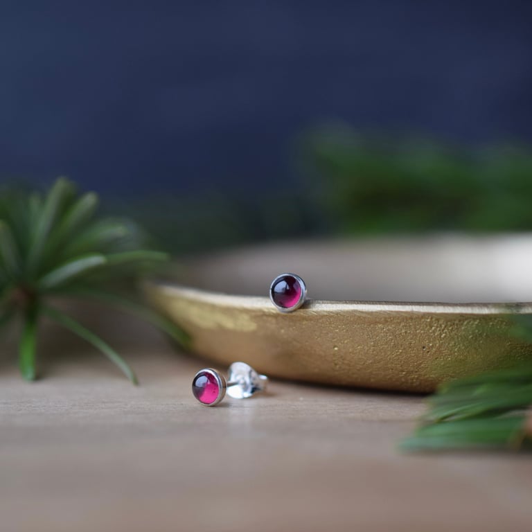 Rhodolite Garnet Semi Precious Stone & Sterling Silver Studs