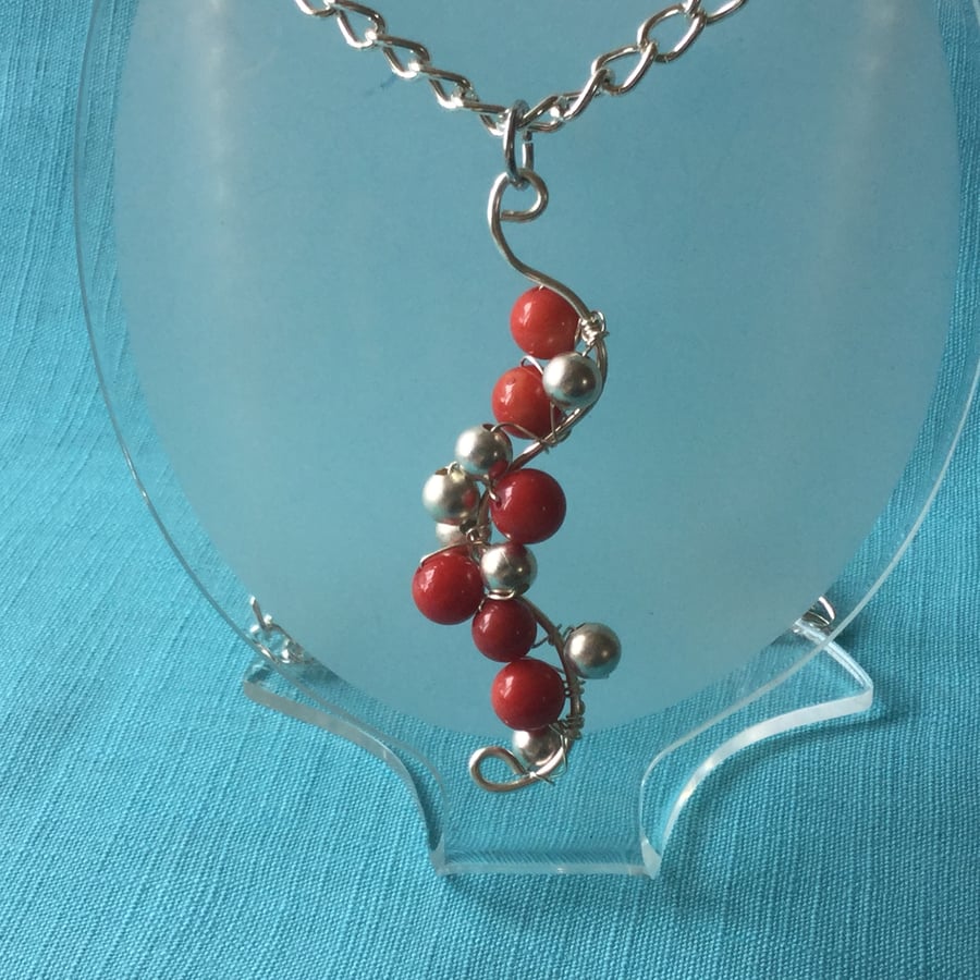 Christmas Gift,  Curvy Red Coral and Silver Spear Pendantr