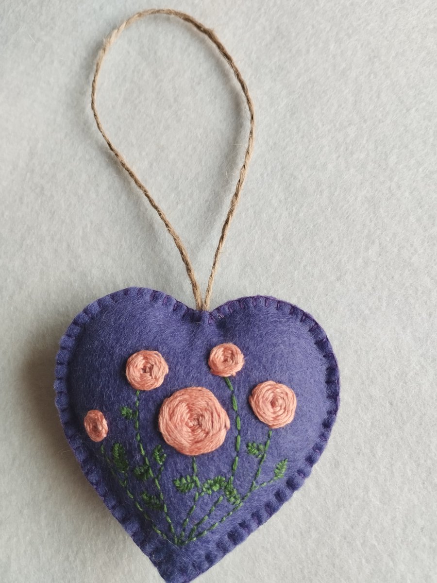 Wool felt handmade embroidered heart hanging decoration 