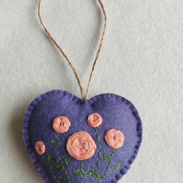 Wool felt handmade embroidered heart hanging decoration 