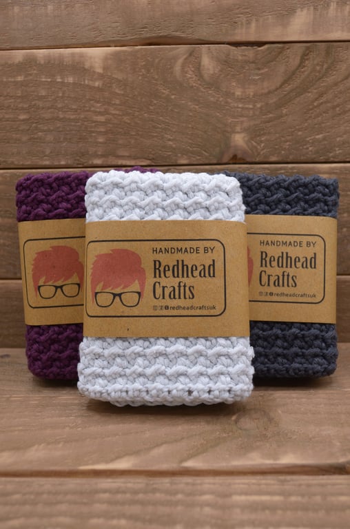 Set of 3 Crochet Washcloths, Eco Cotton Face Cloth Pack, Purple, Grey and White