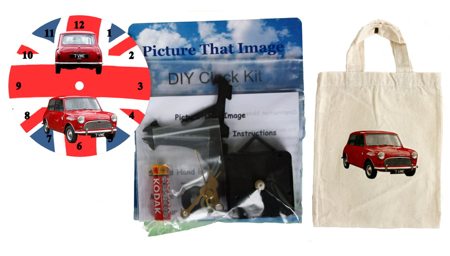 DIY 12cm Clock Kit Gift Set - Austin Mini in a Canvas Bag with a similar Motif