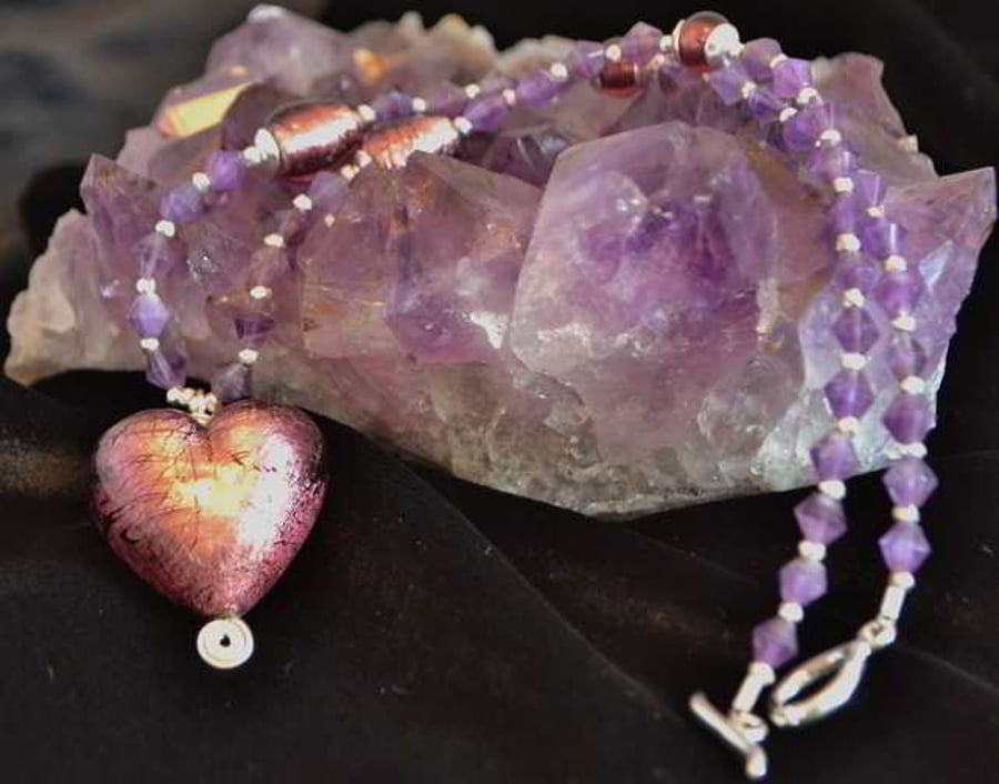Murano Glass Heart & Amethyst Necklace