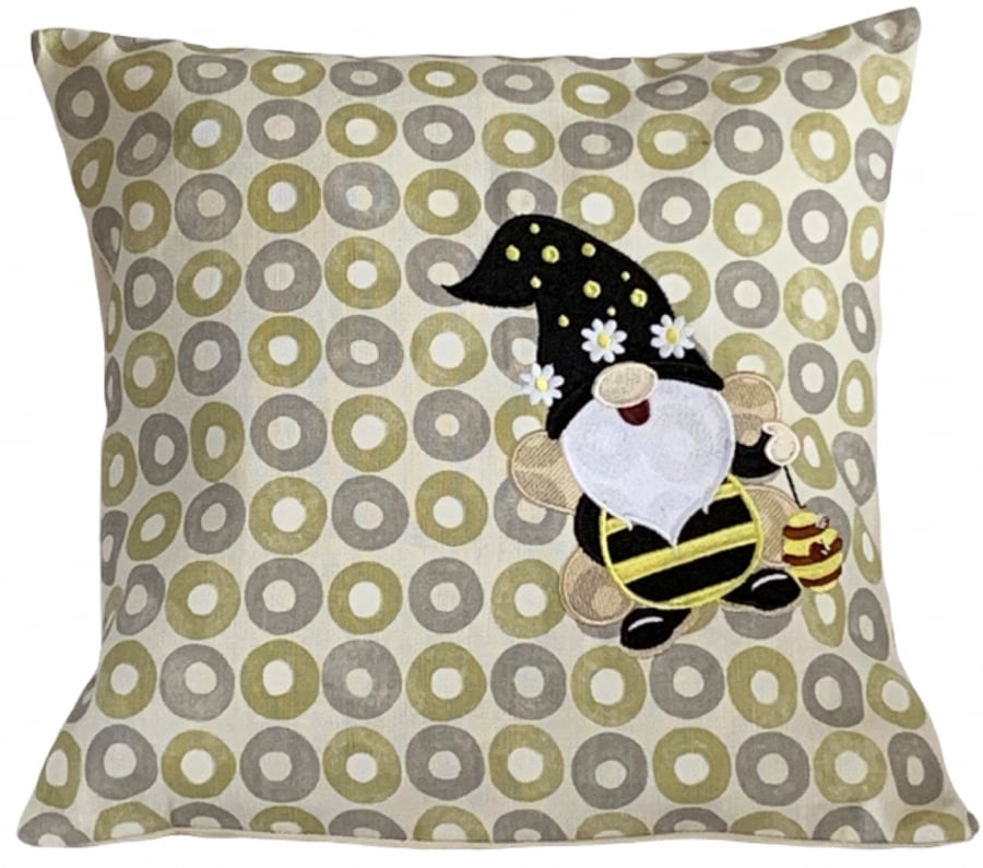 Honey Bee Gnome Gonk Embroidered Cushion Cover 14”x14” Last One