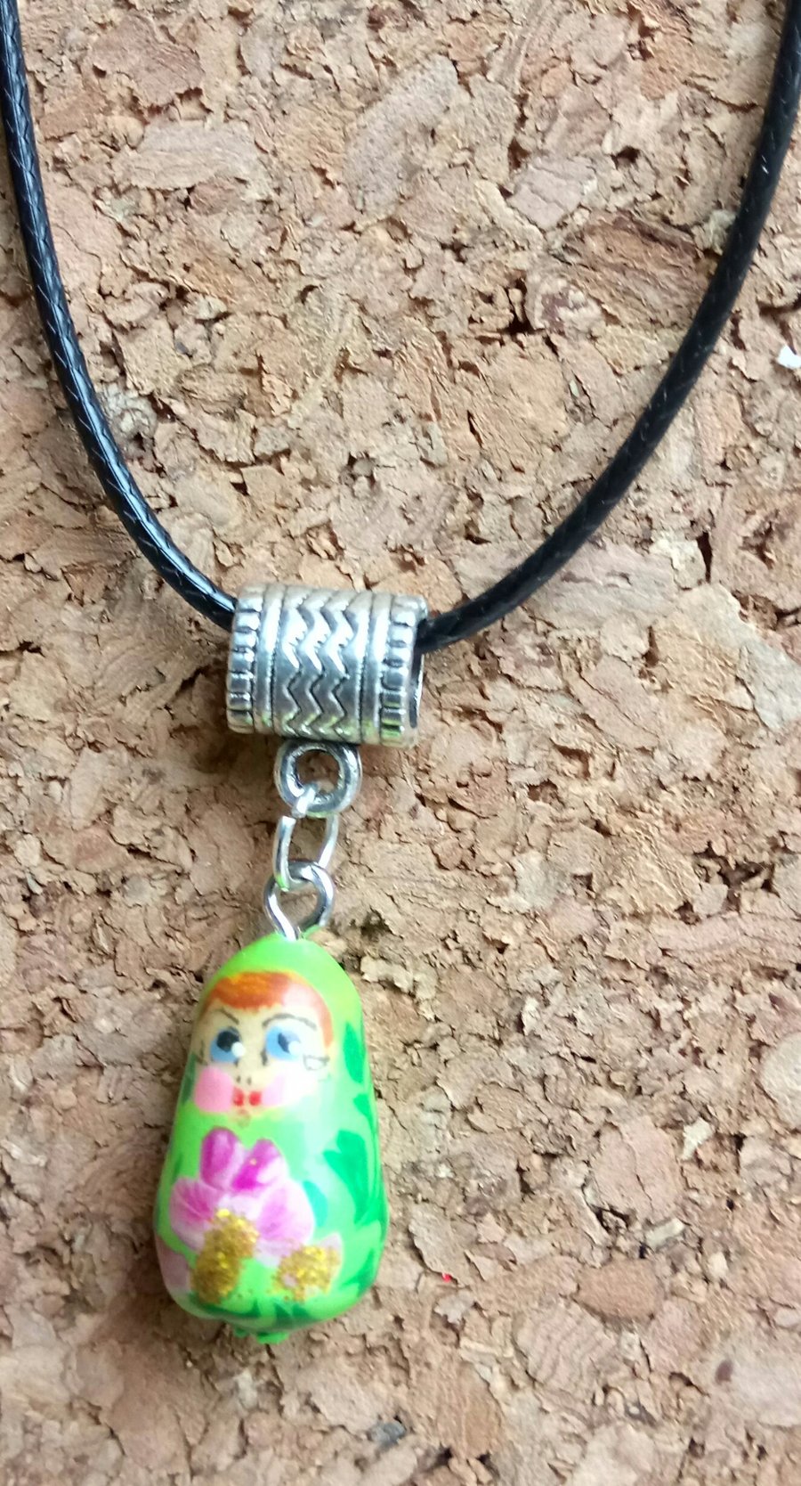 Hand Painted Wooden Russian Dolly Charm on Leather Necklace