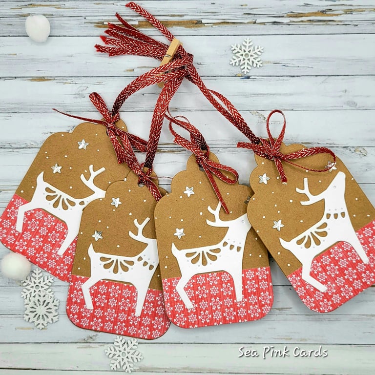 Scandi Christmas Gift Tags - Set ot 4, deer, stars, snow, handmade, kraft