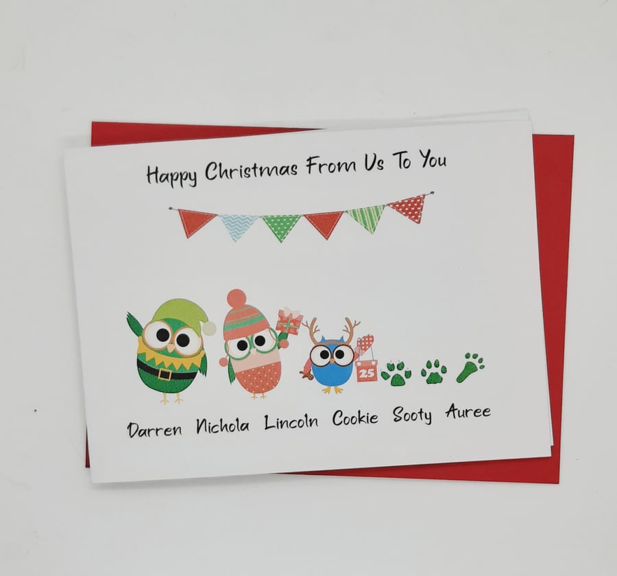 Pack of 5 Personalised Owl Family Christmas Cards 
