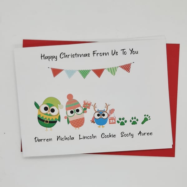 Pack of 5 Personalised Owl Family Christmas Cards 