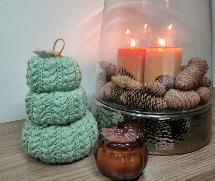 Wheat Stitch Autumn Crochet Stacked Pumpkins in Sage Green