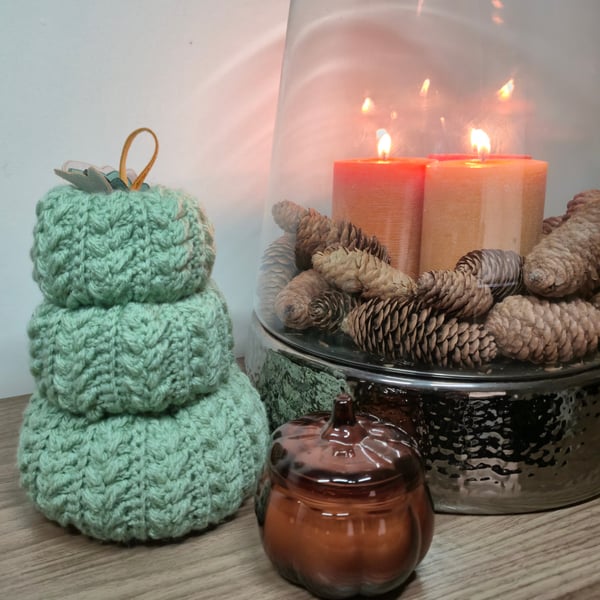Wheat Stitch Autumn Crochet Stacked Pumpkins in Sage Green