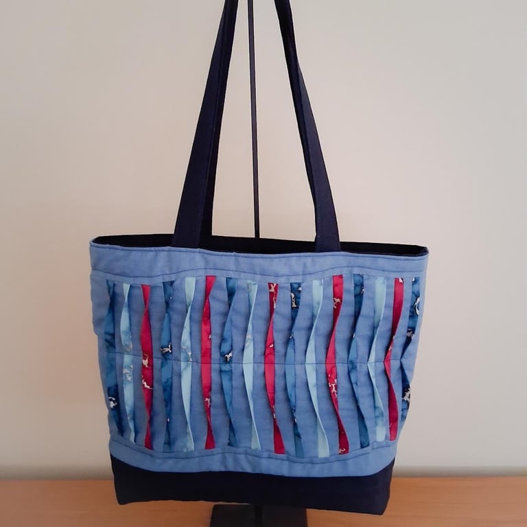 Blue Twisted Pleat Quilted Tote Bag