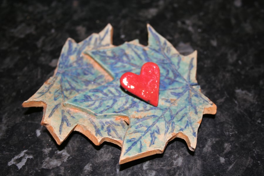 Handmade small red ceramic heart brooch