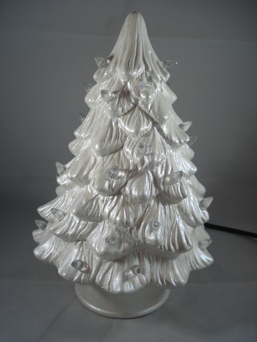 White Glittery Ceramic Xmas Christmas Tree Table Lamp Light Ornament Decoration.