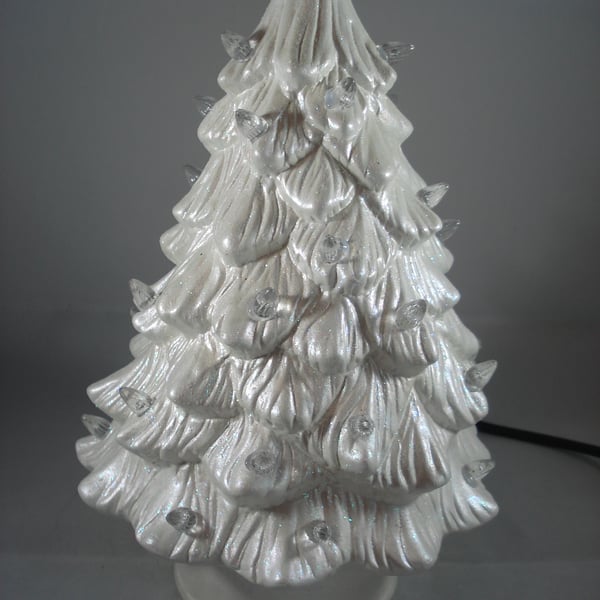 White Glittery Ceramic Xmas Christmas Tree Table Lamp Light Ornament Decoration.