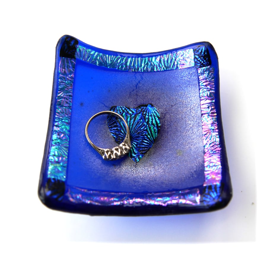 SOLD 250412 Heart Ring Dish Dichroic Fused Glass 7cm Bright Blue Handmade Art