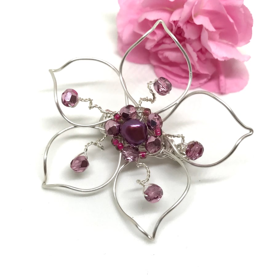 Silver Plated Flower Brooch with Pink Freshwater Pearl 