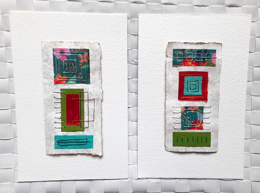 Pretty Patterned Teal Turquoise Green Red Handstitched Geometric Small Artworks