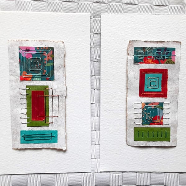 Pretty Patterned Teal Turquoise Green Red Handstitched Geometric Small Artworks