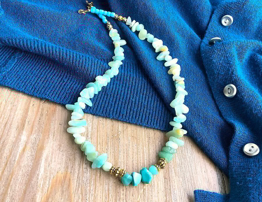 Amazonite necklace, with blue and gold colour accents, single strand