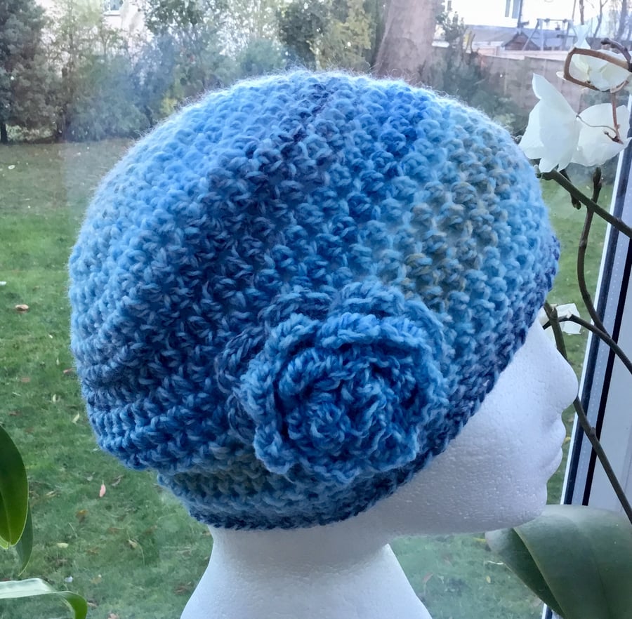 Sky Blue Rose, Crocheted Beanie or Slouchy Hat in James C Brett Rustic Yarn.