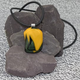 Yellow and Green Fused Glass Pendant Necklace - 1202