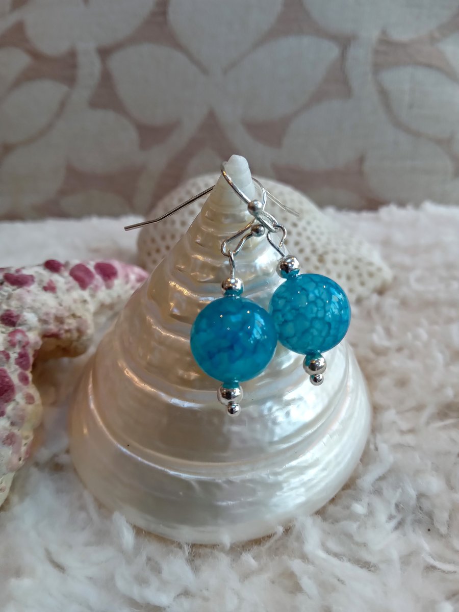 Smooth turquoise DRAGON'S VEIN AGATE orb beads silvertone EARRINGS