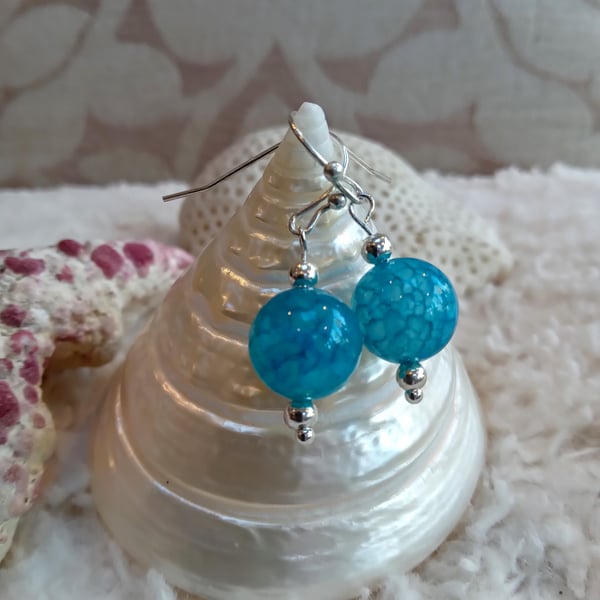 Smooth turquoise DRAGON'S VEIN AGATE orb beads silvertone EARRINGS
