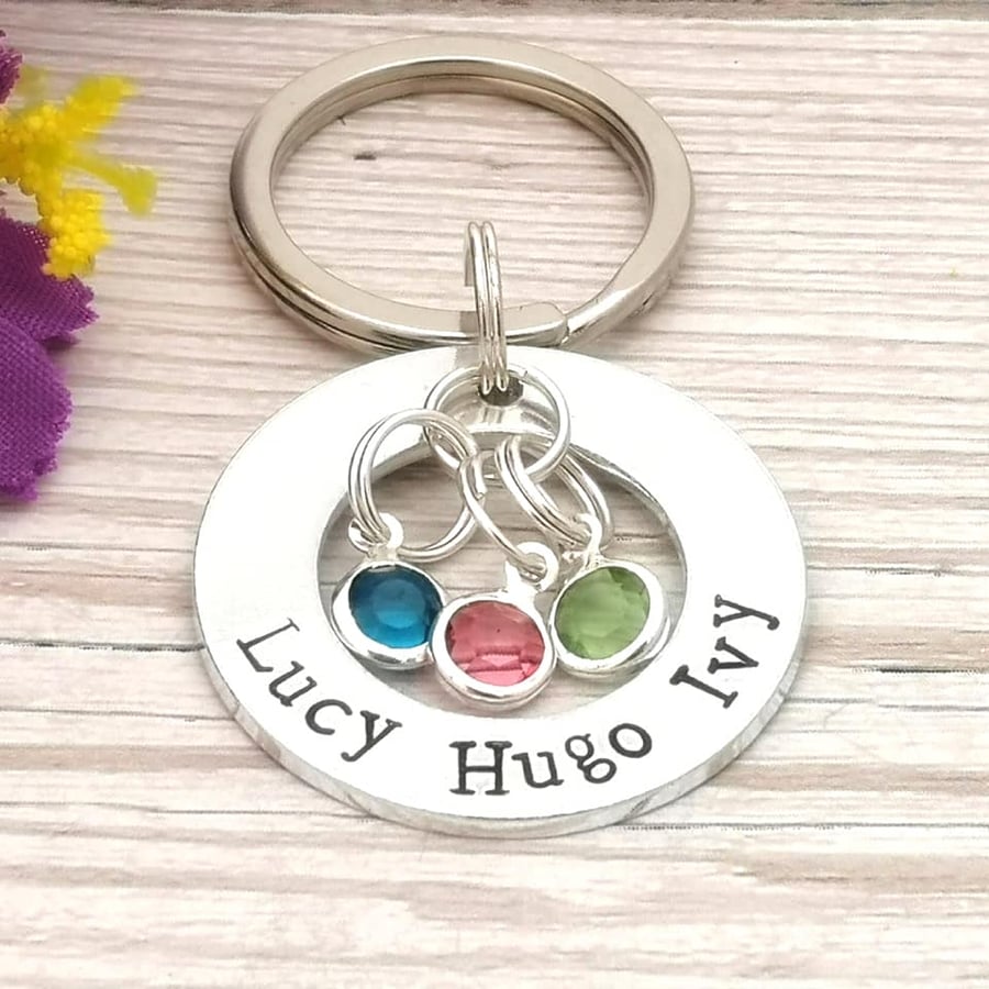 Personalised Birthstone Keyring - Birthstone Gifts - Washer Keychain - Name Gift