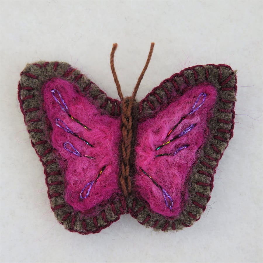 Butterfly Brooch Embroidered and Felted purple and pink on Brown