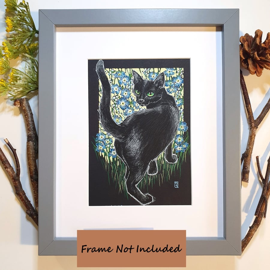 Black Cat with Forget-Me-Not Flowers original artwork, small animal drawing