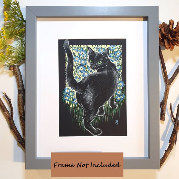 Black Cat with Forget-Me-Not Flowers original artwork, small animal drawing