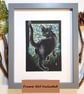 Black Cat with Forget-Me-Not Flowers original artwork, small animal drawing