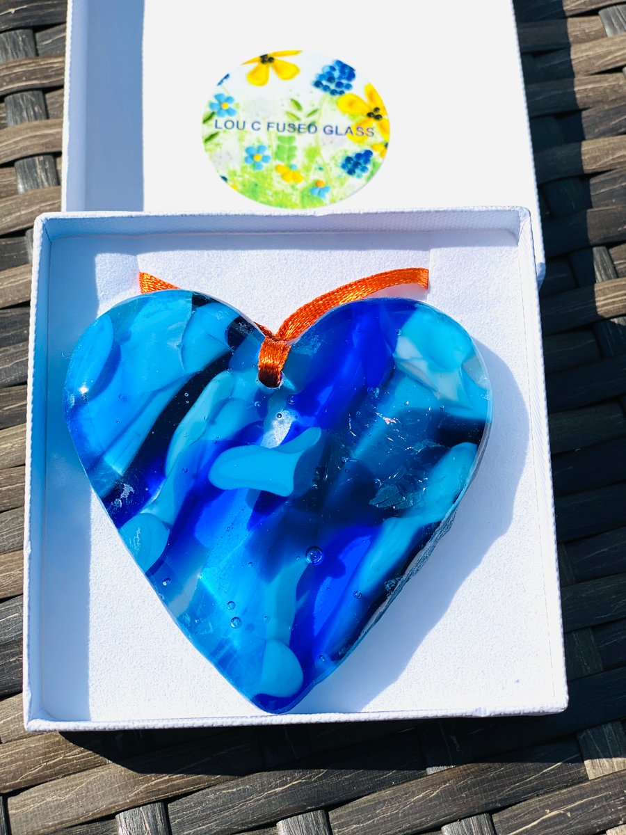 Fused glass blue hanging heart