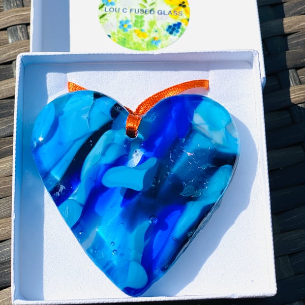 Fused glass blue hanging heart