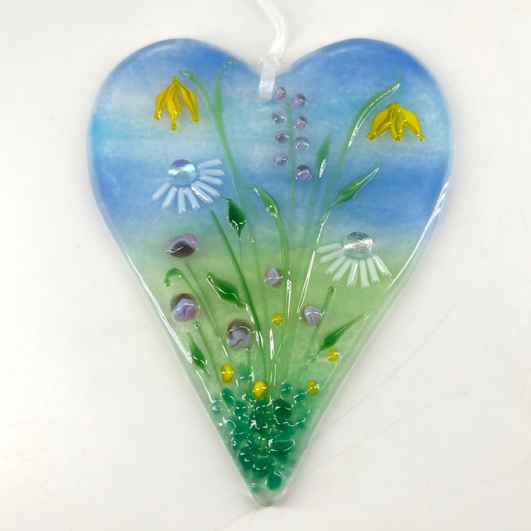 Glass Meadow Heart with Pretty Pastel Flowers
