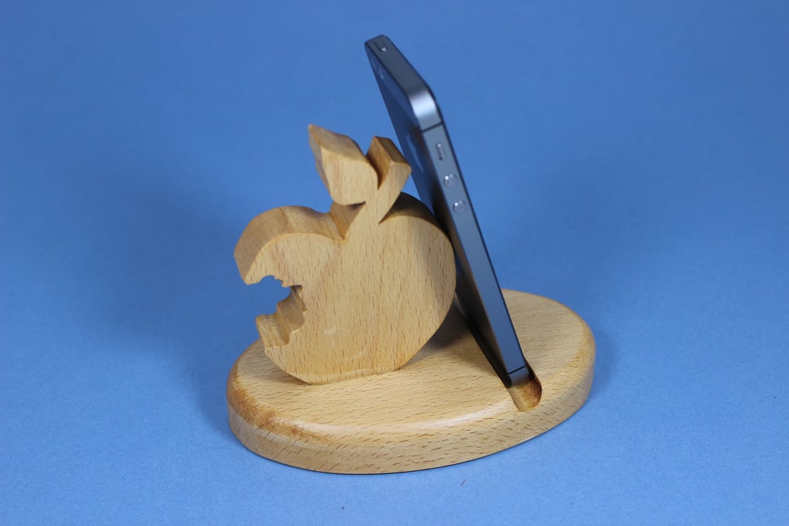 Handcrafted Beech Wood Bitten Apple Phone Stand – Novelty Mobile Holder