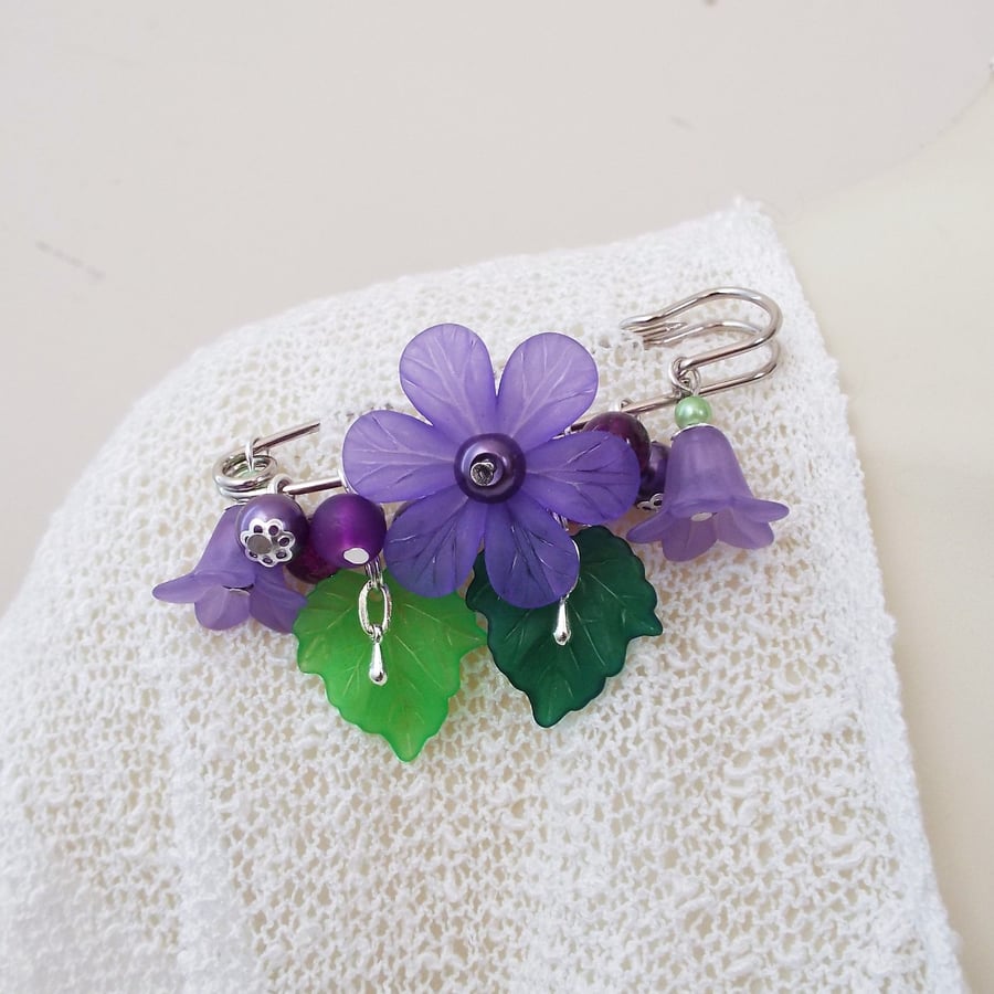 Glass Bead & Purple Lucite Flower Brooch, Cape Pin, Cloak Fastener, Corsage 