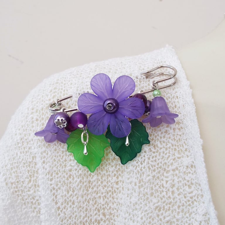 Glass Bead & Purple Lucite Flower Brooch, Cape Pin, Cloak Fastener, Corsage 