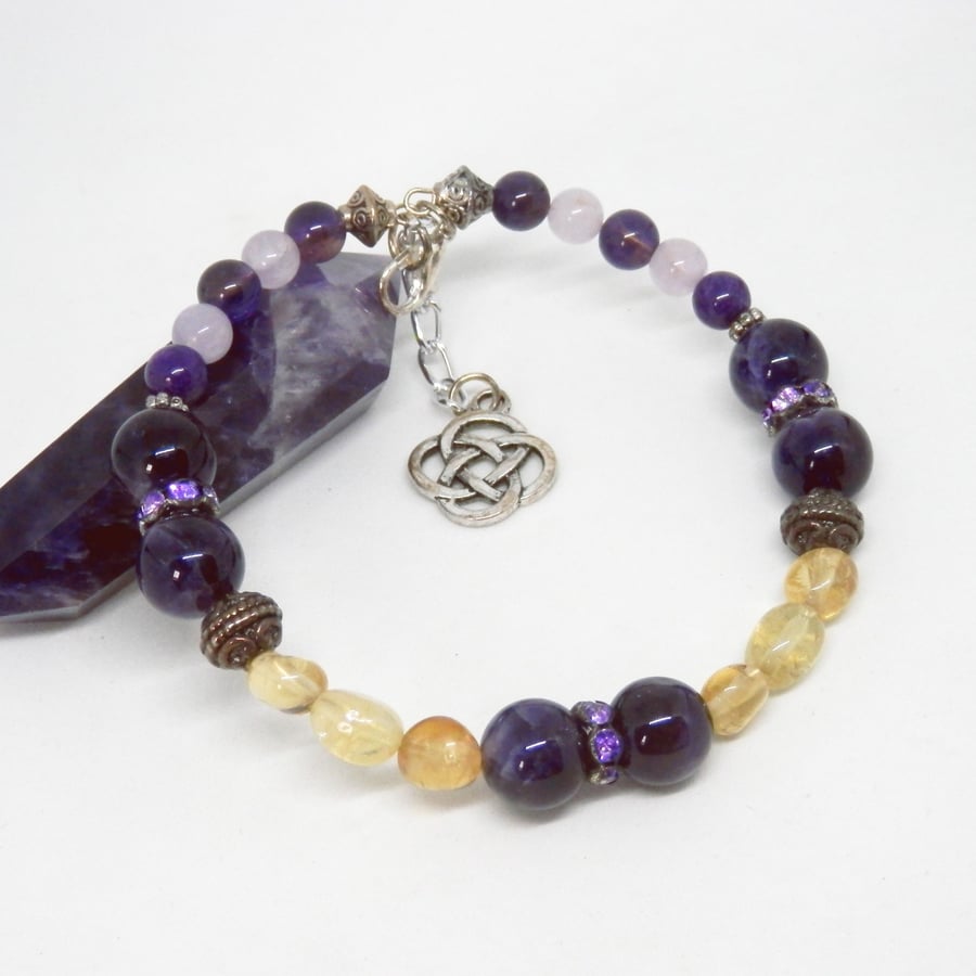 Amethyst And Citrine Memory Wire Beaded Bracelet