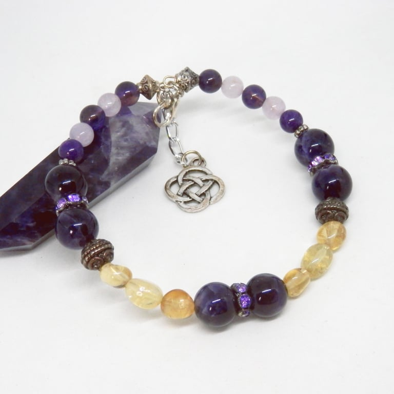 Amethyst And Citrine Memory Wire Beaded Bracelet