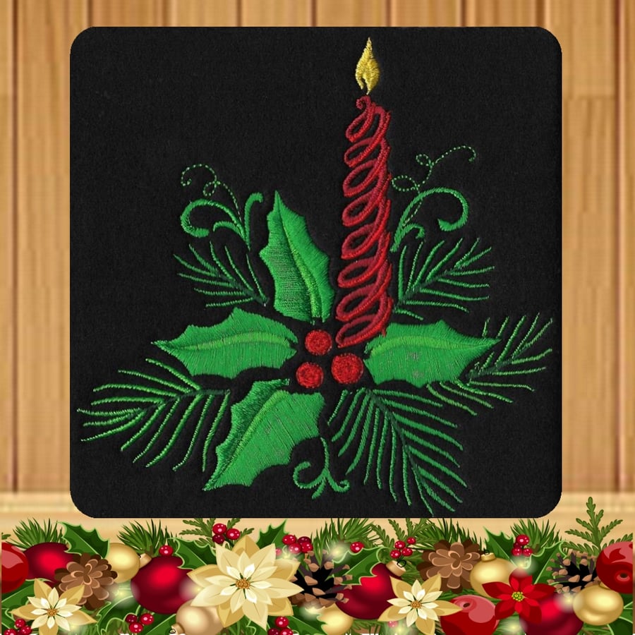 Candle and Foliage Embroidered Christmas Card