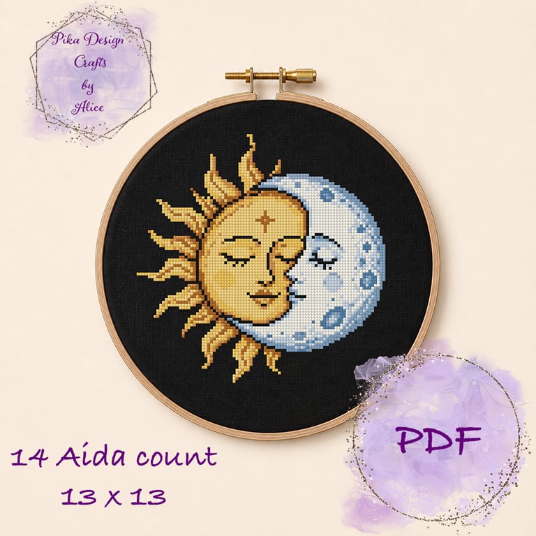 Sun and moon counted cross stitch pattern emailed pdf