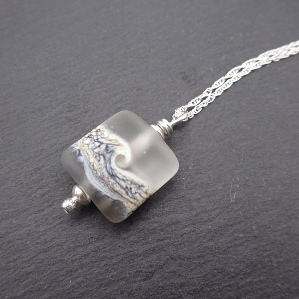 lampwork glass frosted sea pendant, sterling silver chain necklace