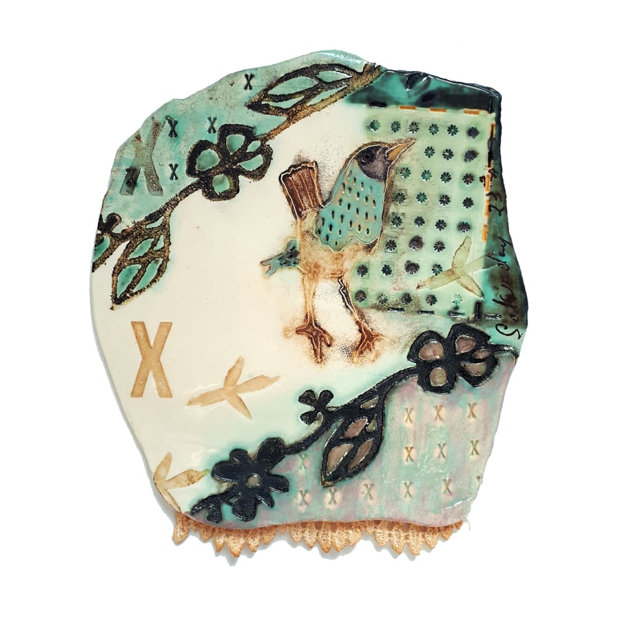 Winter Wren - one of a kind, ceramic monoprinted tile, wall art